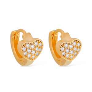 Brinco de Argolinha Pequeno Coração Cravejado de Pedras Banhado a Ouro 24k