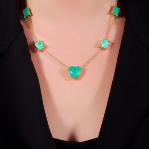 Colar de Pedras Coração e Retângulos Verdes Banhado a Ouro 24k