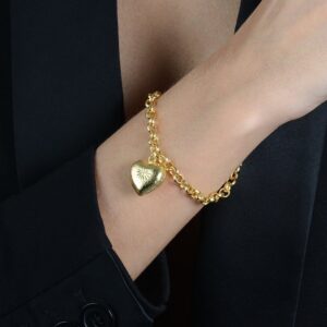 Pulseira Elo Português com Coração Banhado a Ouro 24k