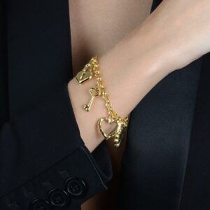 Pulseira Elo Português com Coração, Cadeado, Trevo e Chave Banhado a Ouro 24k