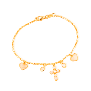 Pulseira Religiosa Cruz de Pérolas Coração Madrepérola Ponto de Luz Banhado a Ouro 24k