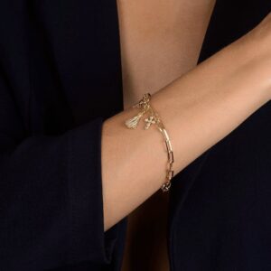 Pulseira Religiosa Nossa Senhora, Espírito Santo e Cruz Cravejada de Zircônia Banhado a Ouro 24k