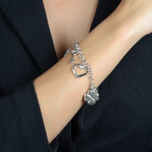 Pulseira Prateada Elo Português com Coração, Cadeado, Trevo e Chave Banhado em Ródio