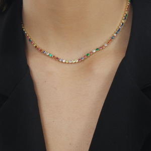 Colar Chocker Riviera Pedras Coloridas Banhado a Ouro 24k