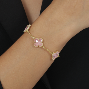 Pulseira Trevos Zircônia Rosa Banhado a Ouro 24k