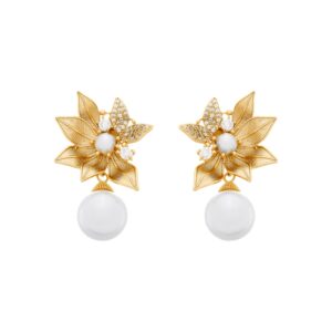 Brinco com Folhas em Zircônia e Pérolas Banhado a Ouro 24k