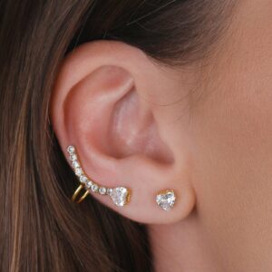 Piercing Earcuff Coração Cravejado de Zircônia Com Brinco Banhado a Ouro 24k