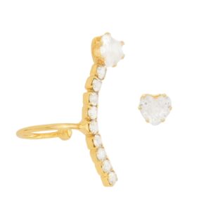 Piercing Earcuff Coração Cravejado de Zircônia Com Brinco Banhado a Ouro 24k