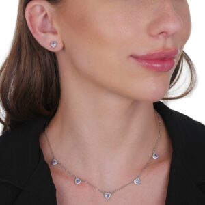 Conjunto de Coração Lilás Cravejado de Zircônia Banhado em Ródio