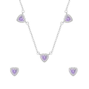 Conjunto de Coração Lilás Cravejado de Zircônia Banhado em Ródio