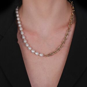 Colar de Corrente com Pérolas Amassadas Banhado a Ouro 24k