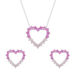 Conjunto de Coração Vazado Cravejado de Zircônia Rosa Dois Tons Banhado em Ródio